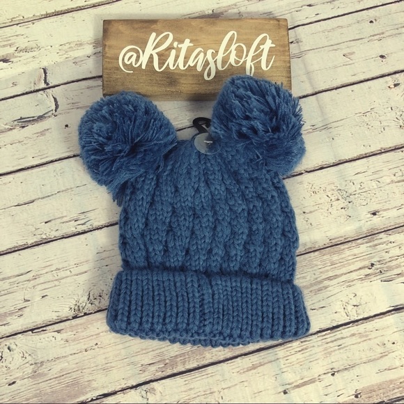 CC Beanie Kids Chunky Cable Knit Hat Double Pom - Picture 2 of 2